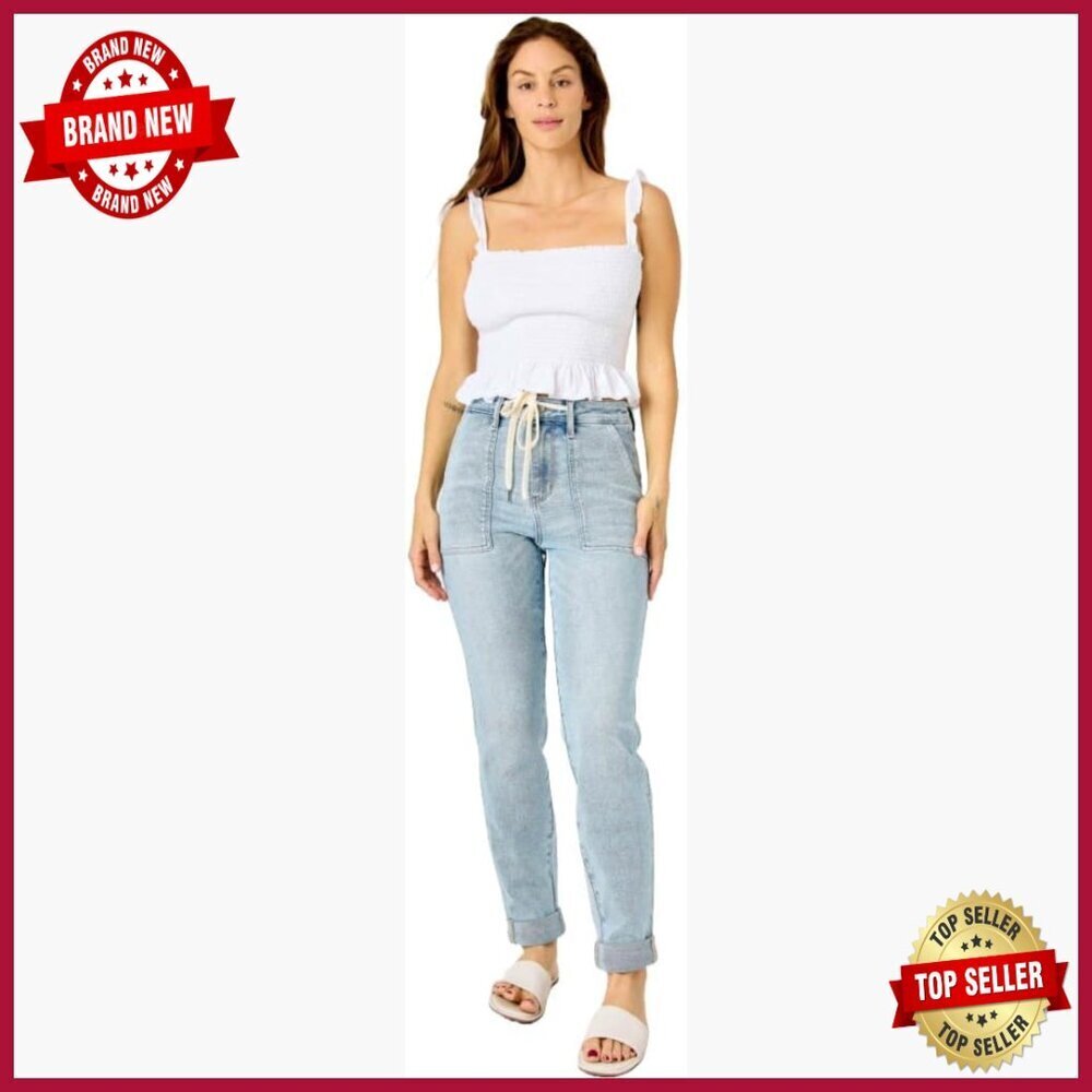 High Waist Denim Joggers with Drawstring and Cuffed Legs